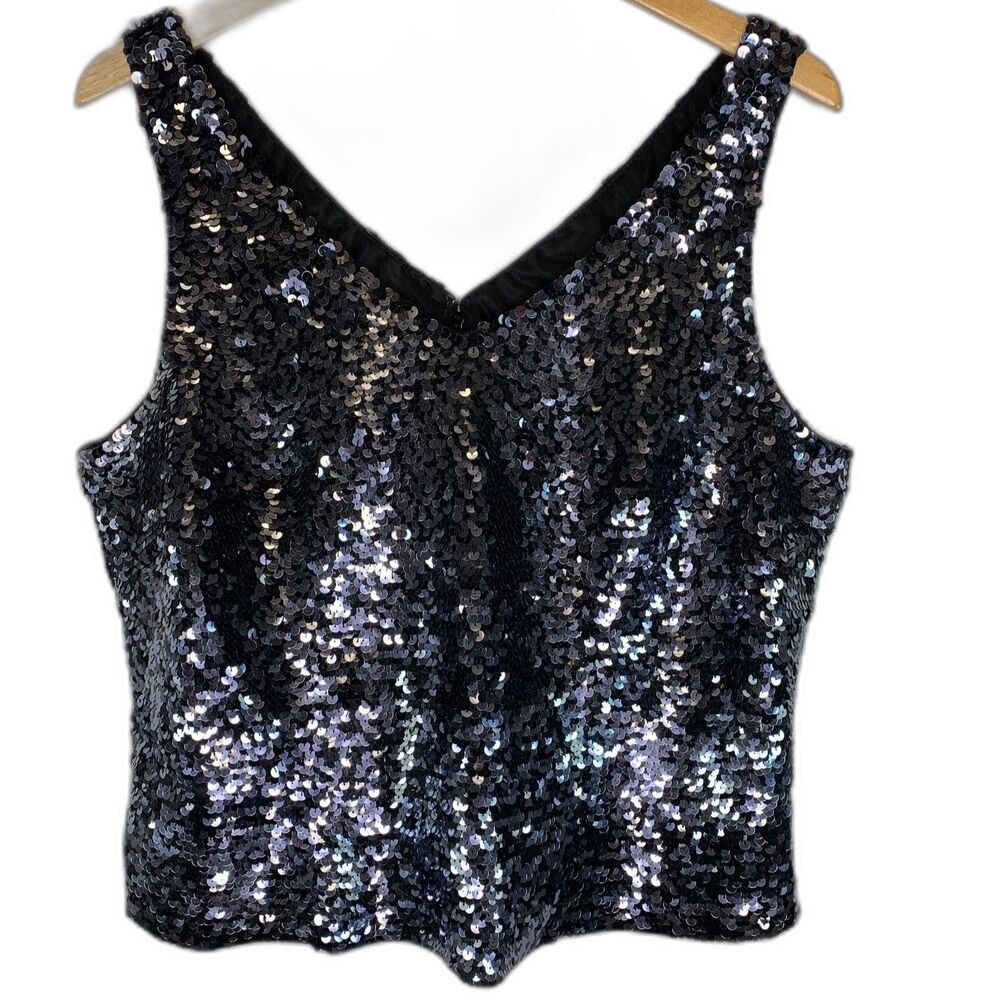 Womens Vintage Alyce Designs Sequined V-neck Top Midnight Black‎ Size 22